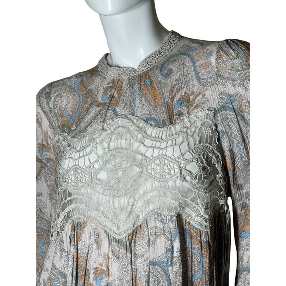 Free People M Lace & Paisley Long Sleeve Mini Dress Boho Summer Festival Medium - Picture 3 of 15